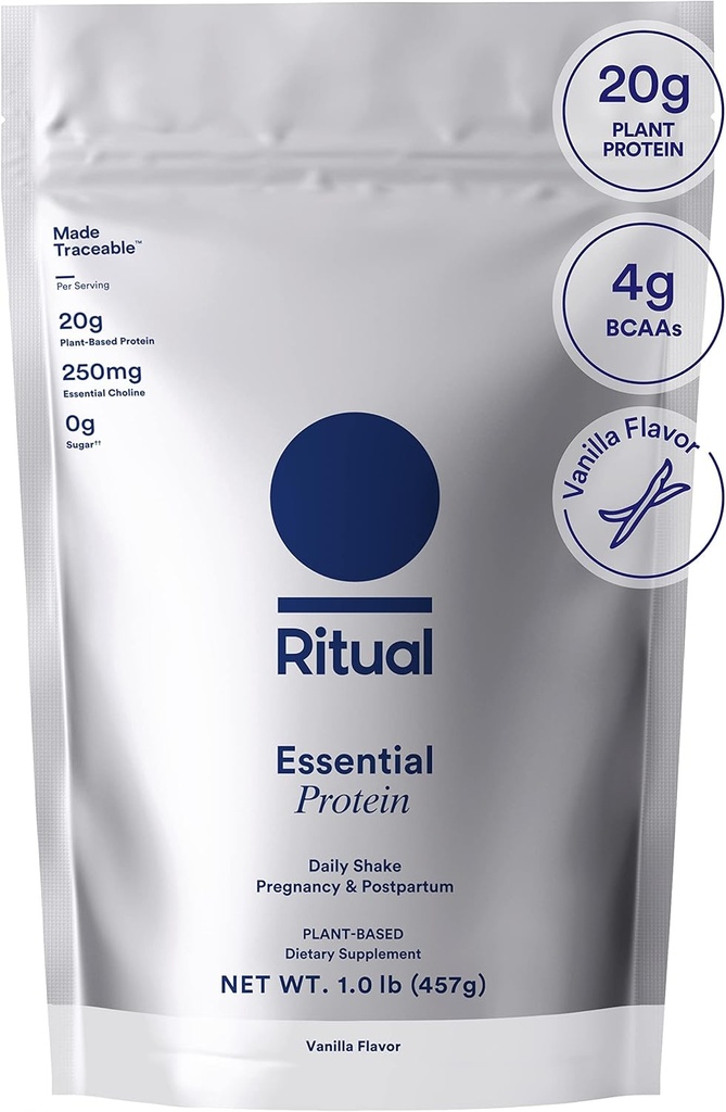 Ritual Prenatalビーガンプロテインパウダー: Prenatal、Postpartum、&Lactation、米国での再生農場からの20g有機ピーアプロテイン、グルテンフリー、植物ベース、砂糖無料†、バニラ、1Lbs