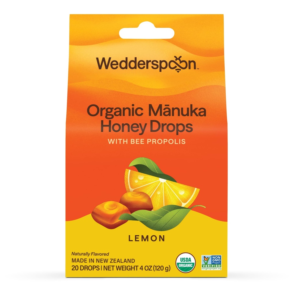 Wedderspoon Organic Manukaハニードロップ、レモン&ビープロポリス、20カウント(パッケージ1) | 本物ニュージーランドハニー | ドライスロートに最適な治療法