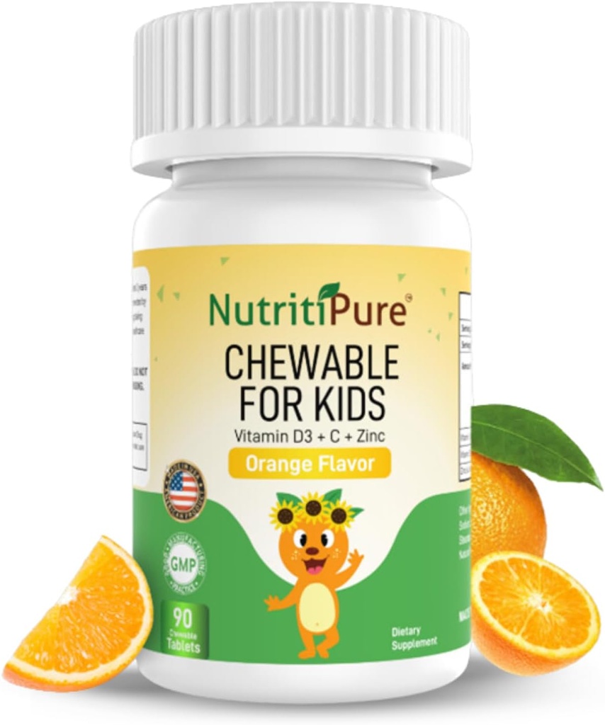 ChewableビタミンD3 (Cholecalciferol) 25のmcg (1000のIU) +亜鉛(亜鉛クエン酸塩) 5mg +子供のためのビタミンC 30mg オレンジ味 90/びん (1)
