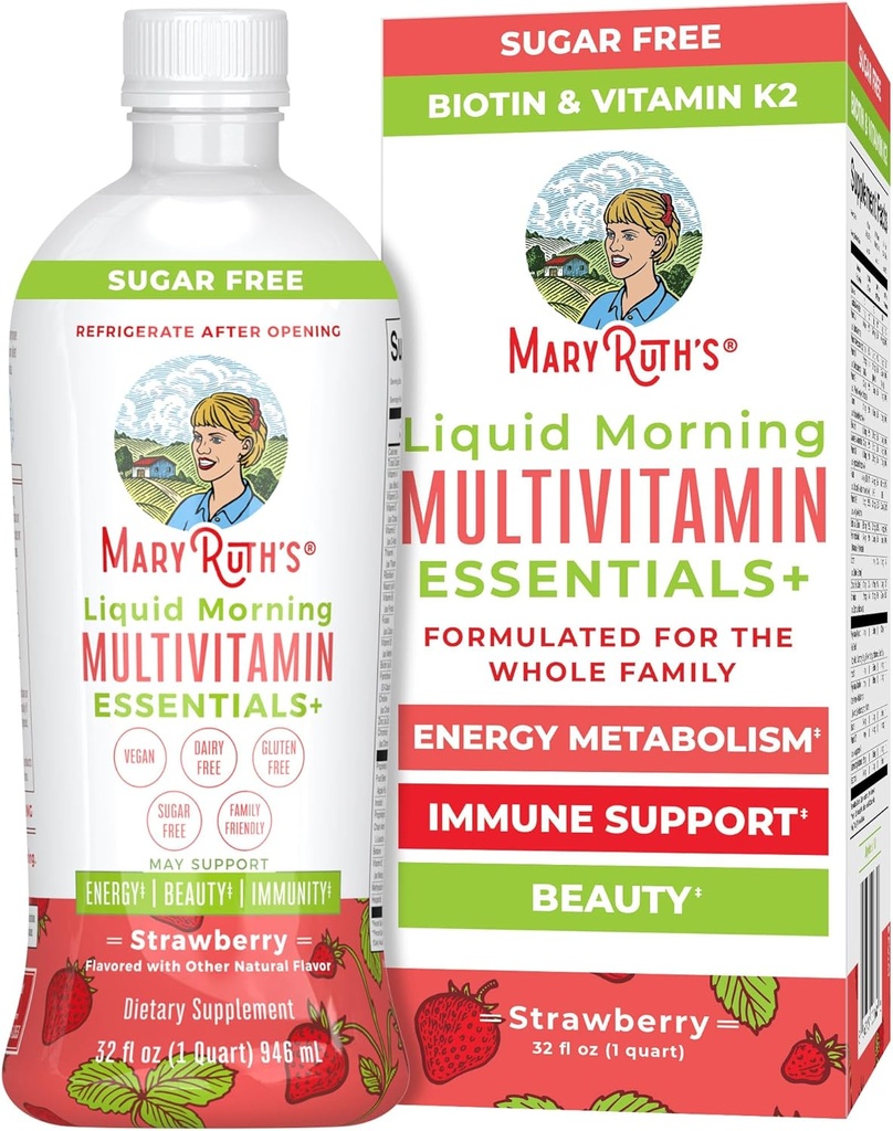 MaryRuth Organics Liquid Morning Multivitamin Essentials+ | ビタミンA C D E B6 B12 ビオチン亜鉛 | 男性用・女性用 | 免疫サポート | 美 | 砂糖無料 | 年齢別 | ヴィーガン | 32 Fl Oz