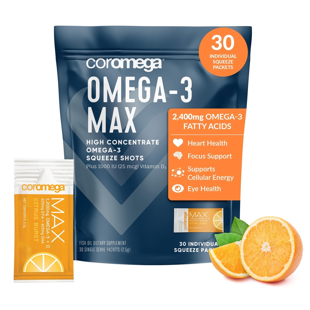 Coromega MAX 2400mg Omega-3 魚油 + ビタミン D スクイーズ パケット, ワイルドキャッチ, 魚の味なし - 3X より良い吸収よりもソフトゲル, 脳と心臓の健康をサポート (30 サービング, シトラス バースト)