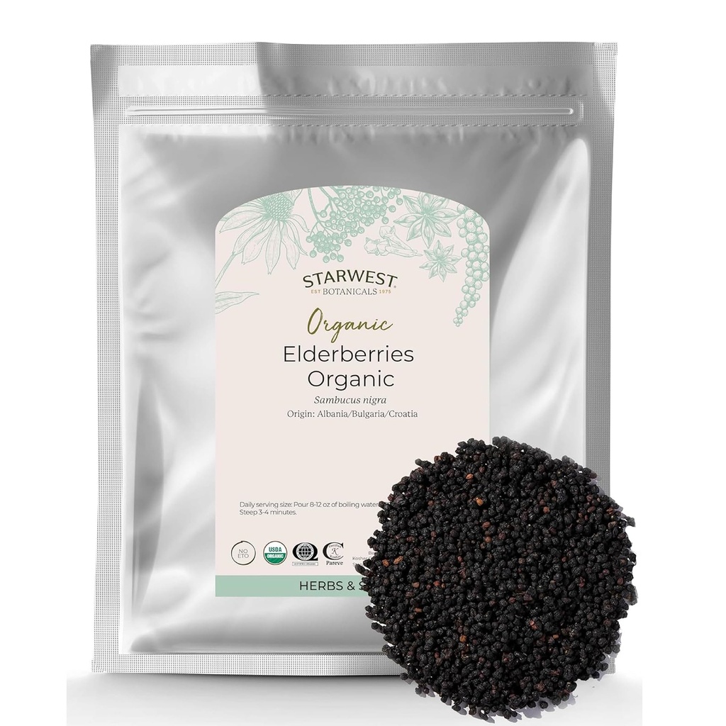 Starwest Botanicalsオーガニックエルダーベリー - シロップ、紅茶、グミー、ジャム、ナチュラル免疫サポート、認定コーシャ、非GMO - バルク1ポンドバッグ