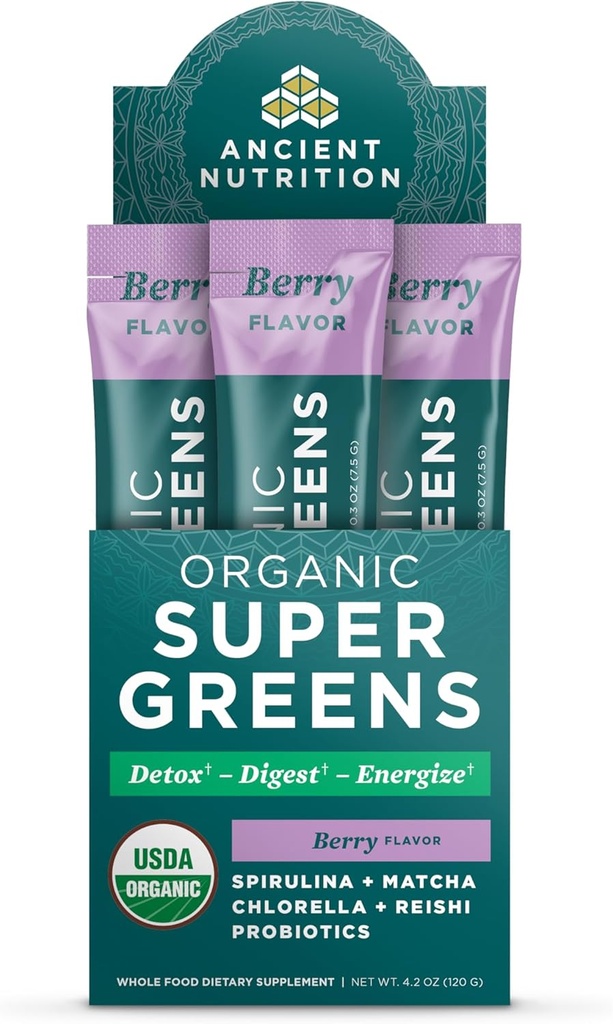 Ancient Nutrition SuperGreens Powder with Probiotics, Organic Berry Flavor Greens, Made from Real Fruits, Vegetables and Herbs, Digestive and Energy Support, 16 Stick Packs, 4.2oz
