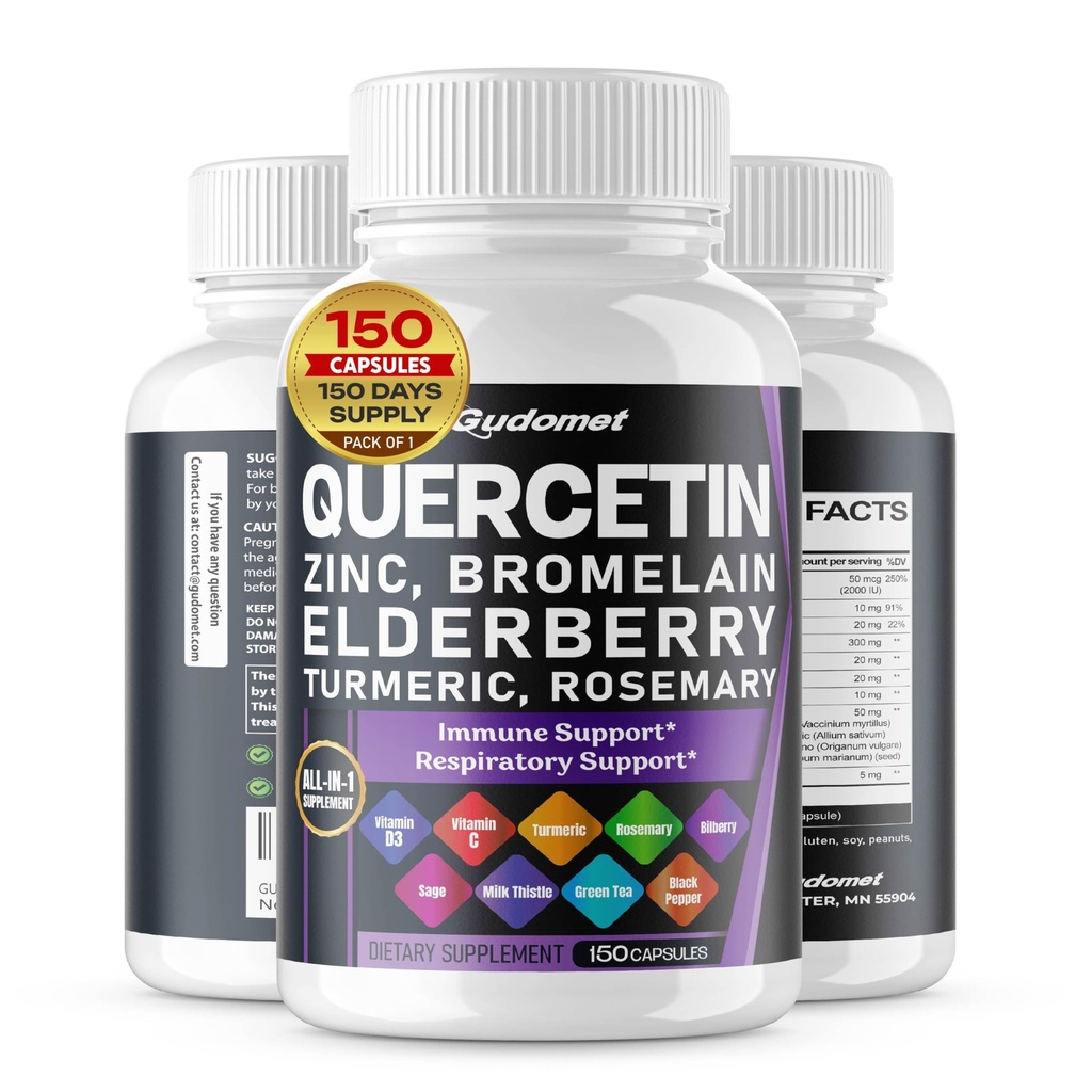 QuercetinのBromelain亜鉛ビタミンD3のエルダーベリーのTurmericのRosemaryのBilberryのセージ 無臭のニンニクの緑茶ミルクのこの薬のオレガノ-150のカプセル-米国で作られる