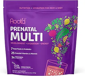 Root'd Prenatal Multivitaminパウダー - 3x電解質、葉酸塩、鉄、D3 for Mom&Baby、7 スーパーフード&プロバイオティクス、砂糖フリービタミン&水分補給  30ビタミンドリンクパケット