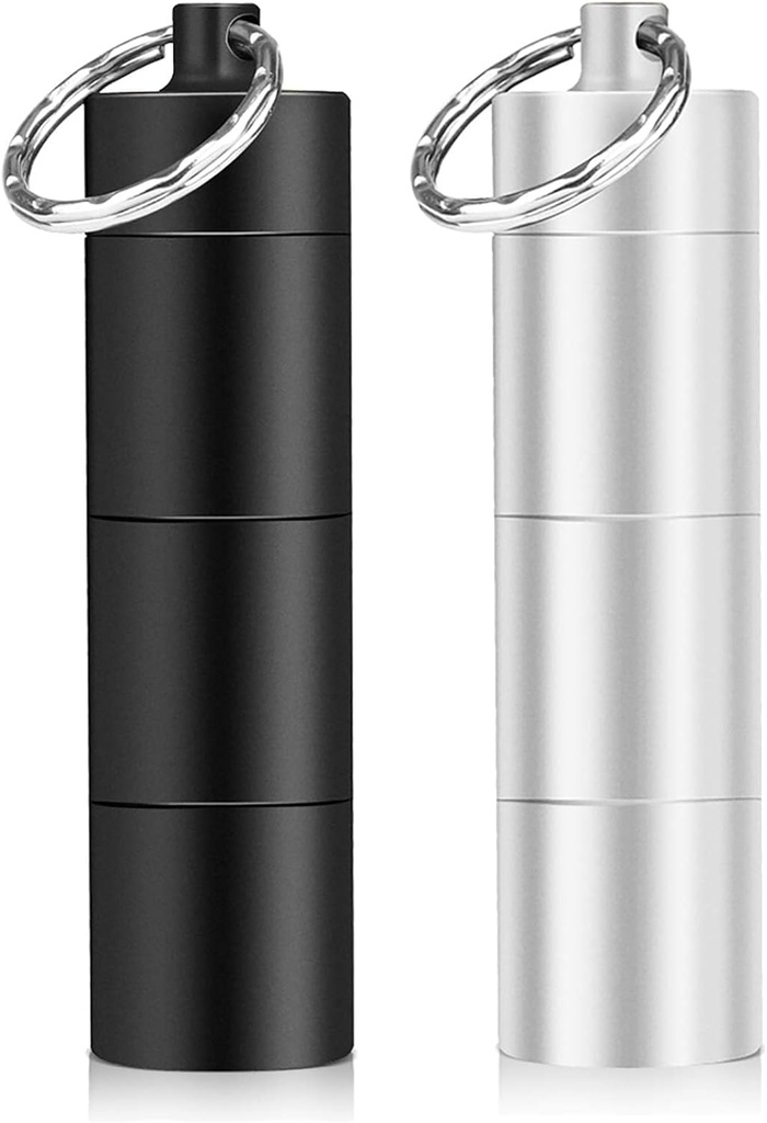 Opret 2のパックのKeychainの丸薬のホールダー、3のコンパートメントの金属の小さい丸薬の場合、防水携帯用旅行丸薬箱、財布、無光沢の黒及び銀のための丸薬の容器
