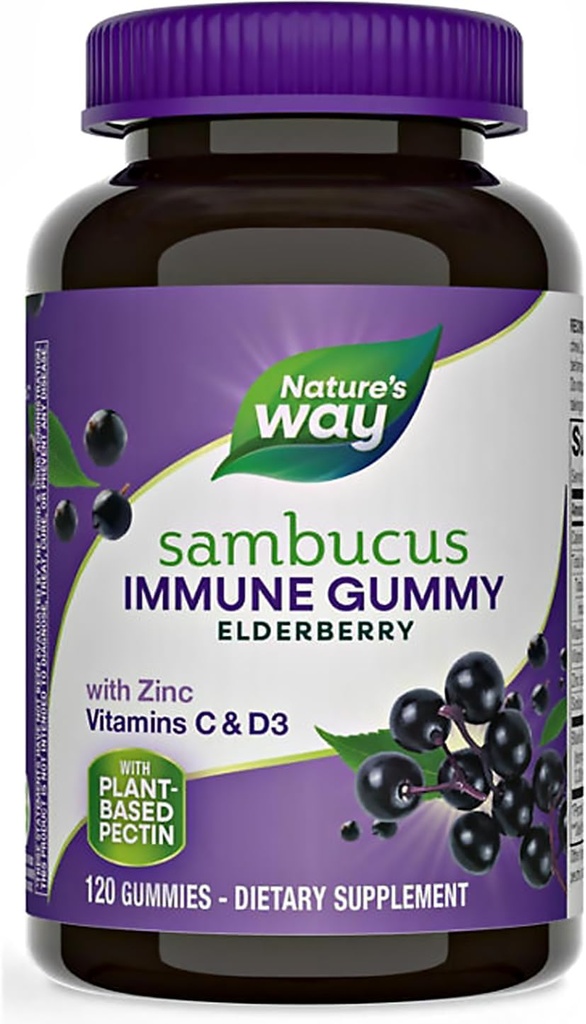 Natures+Way Sambucus Elderberry Gummies、ビタミンC、ビタミンD、亜鉛、子供と大人のための免疫サポート、120グミ