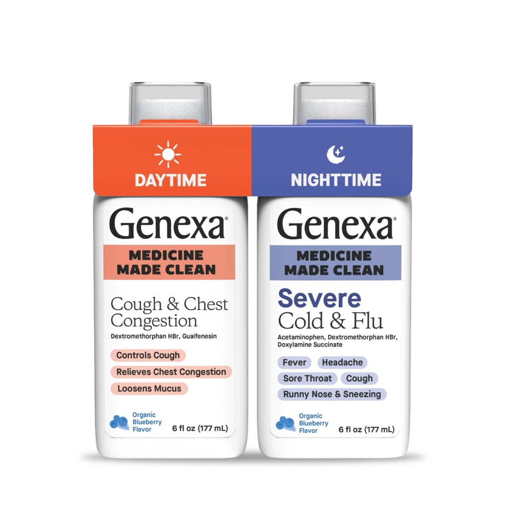 Genexaの昼間の咳及び混雑+昼間のSevereの風邪及びインフルエンザのコンボのパック、染料は、0%の人工的な添加物、液体の多症状の咳、風邪、及びインフルエンザの有機性ブルーベリーの味、12のflのoz (2のパック)を放します