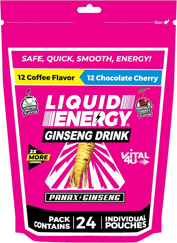 VITAL 4U® Liquid Energy Shot - Coffee & Chocolate Cherry Combo Pack, Ginseng, B Vitamins, Naturally Sweetened, 24 ct