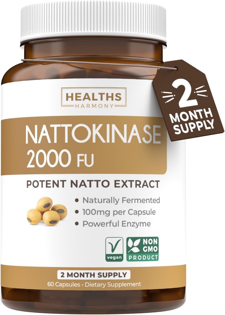 Healths Harmony ナトキナーゼ 2000 FU (非GMO) 自然発酵大豆から作られた強力なナトキナーゼサプリメント - (2ヶ月の供給) 60 ビーガンナトカプセル