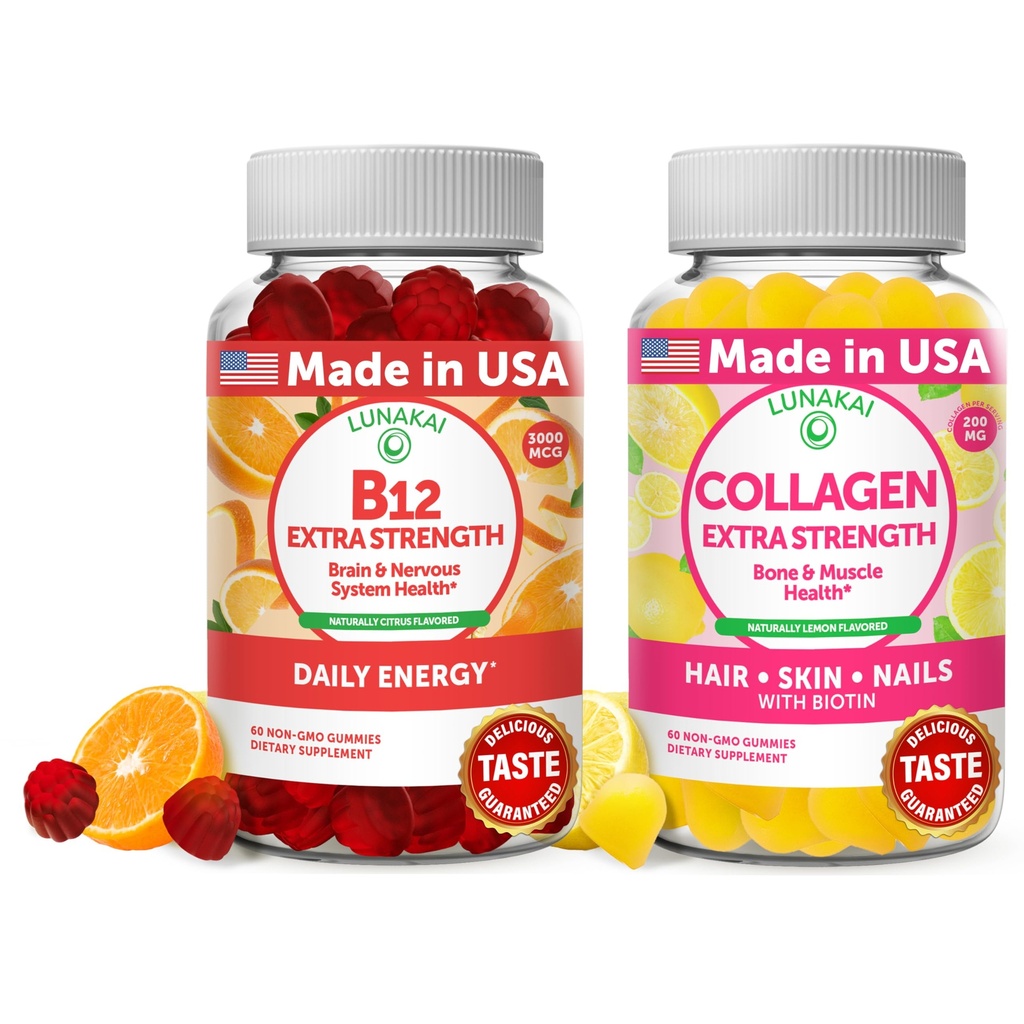 LunakaiのビタミンB12およびコラージュのガミーの束- 3000のmcgのMethylcobalaminの高い吸収エネルギー ガミー-人の及び女性のための非GMOの反老化の補足- 30日の供給