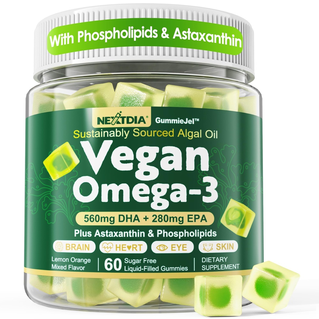 ビーガンオメガ3グミー+ホスホリピード、アスタキサンチン、ビタミンD3、DHA 560mg&EPA 280mg、大人のためのフィッシュフリー藻オメガ3サプリメント&ブレイン、目、皮膚、全体的な健康、砂糖無料、60Cts