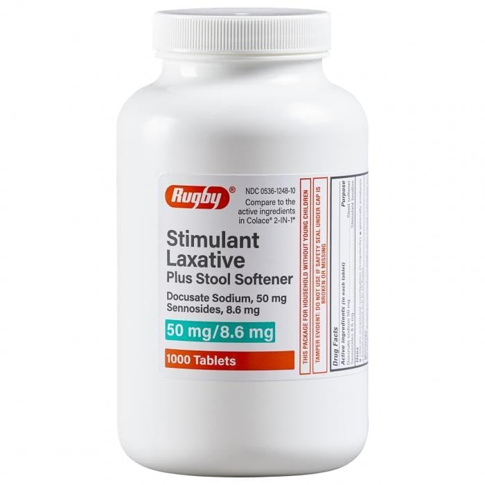 Rugby Stimulant Laxative Plus Stool Softener - Docusate Sodium, 50 mg - Sennosides, 8.6 mg - 1000 Tablets