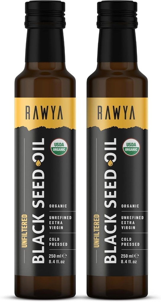 RAWYA Black Seed Oil - Organic Cold Pressed Nigella Sativa - Turkish Origin - USDA Organic - Natural Supplement - Black Cumin Seed Oil - Rich Flavor & High Concentration - 2 PACK - 250ml Glass Bottle