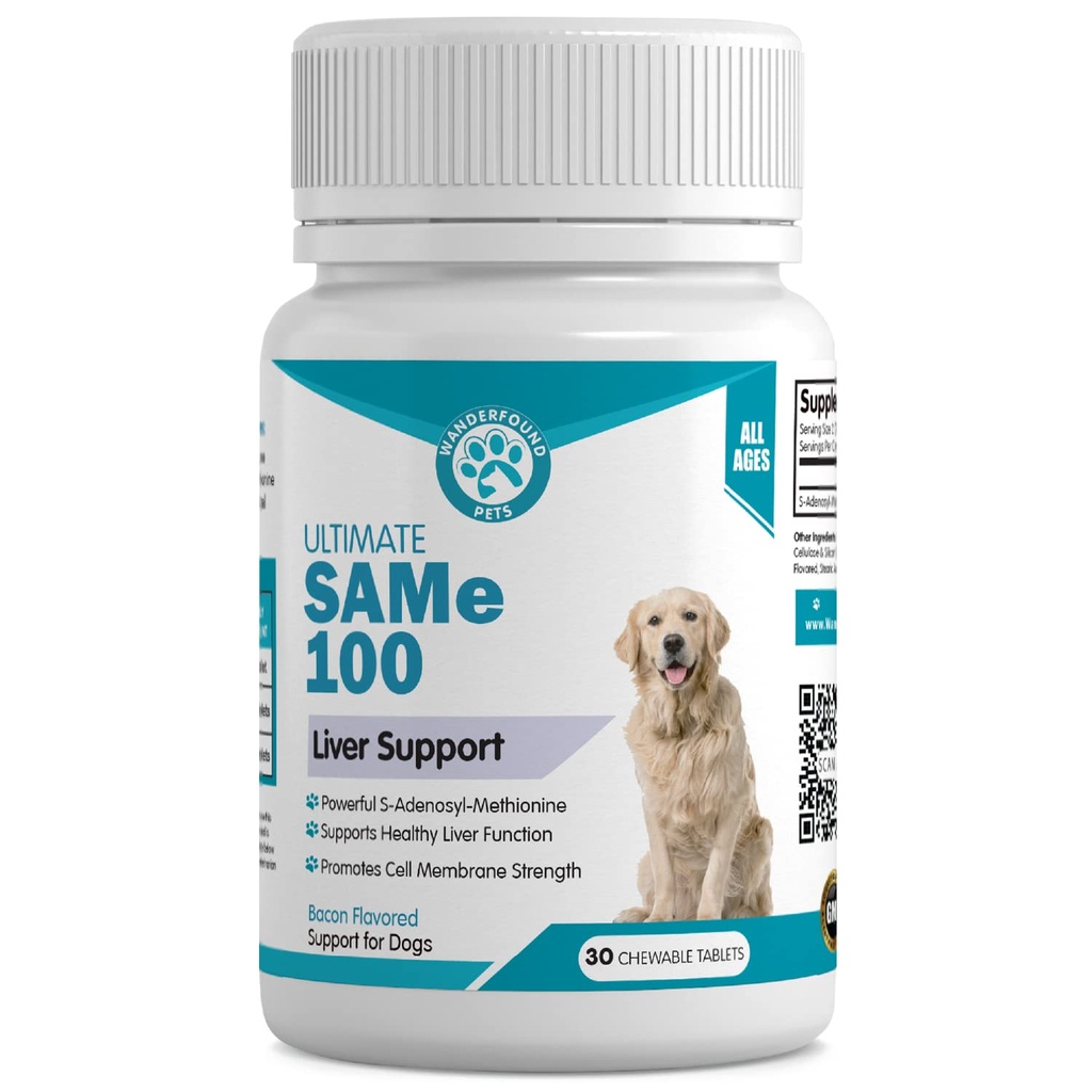 Wanderfoundペット同じ100人の犬のための肝臓サポート - 同じS-Adenosyl-L-Methionine肝 &脳サポートのためのサプリメント - ベーコン風味のサムE、米国で製造 - 30 Chewableタブレット