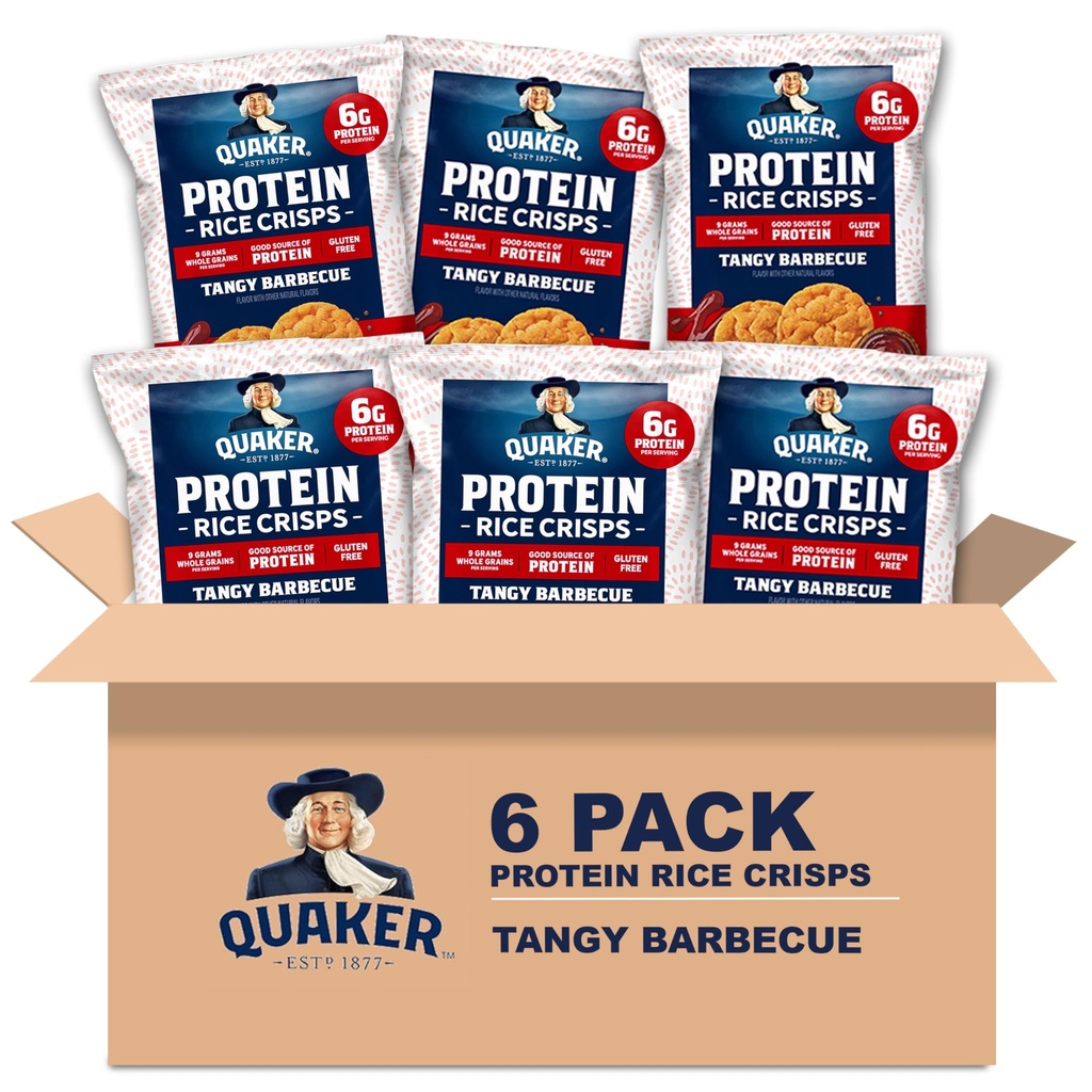 Quaker Protein Mini Rice Cakes, Tangy Barbecue, 6g Protein, Gluten Free, 9g Whole Grains, No Colors from Artificial Sources, No Artificial Flavors, No Preservatives, 2.6 Oz (Pack of 6)