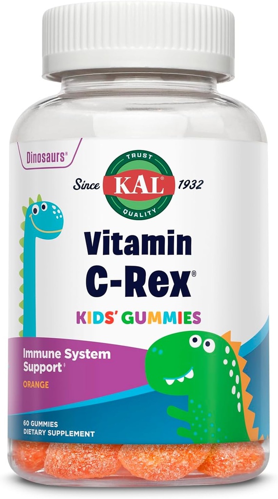 KALビタミンC-Rexキッズグミー, 子供のためのビタミンCグミ, 健康な免疫, 骨, 筋肉 & 皮膚サポートビタミンCグミ, ビーガン, グルテンフリー, 60 日返金保証, 30 サービング, 60 グミ