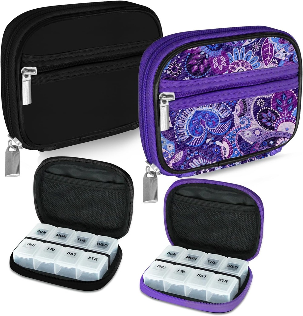 Serfeymi週刊旅行ピルオルガナイザーPill Case for Purse with Reable 7 Day Pill Box、流行の旅行薬オーガナイザーPill Container for Medicine、ビタミン、サプリメント - ブラック01 + パープル01