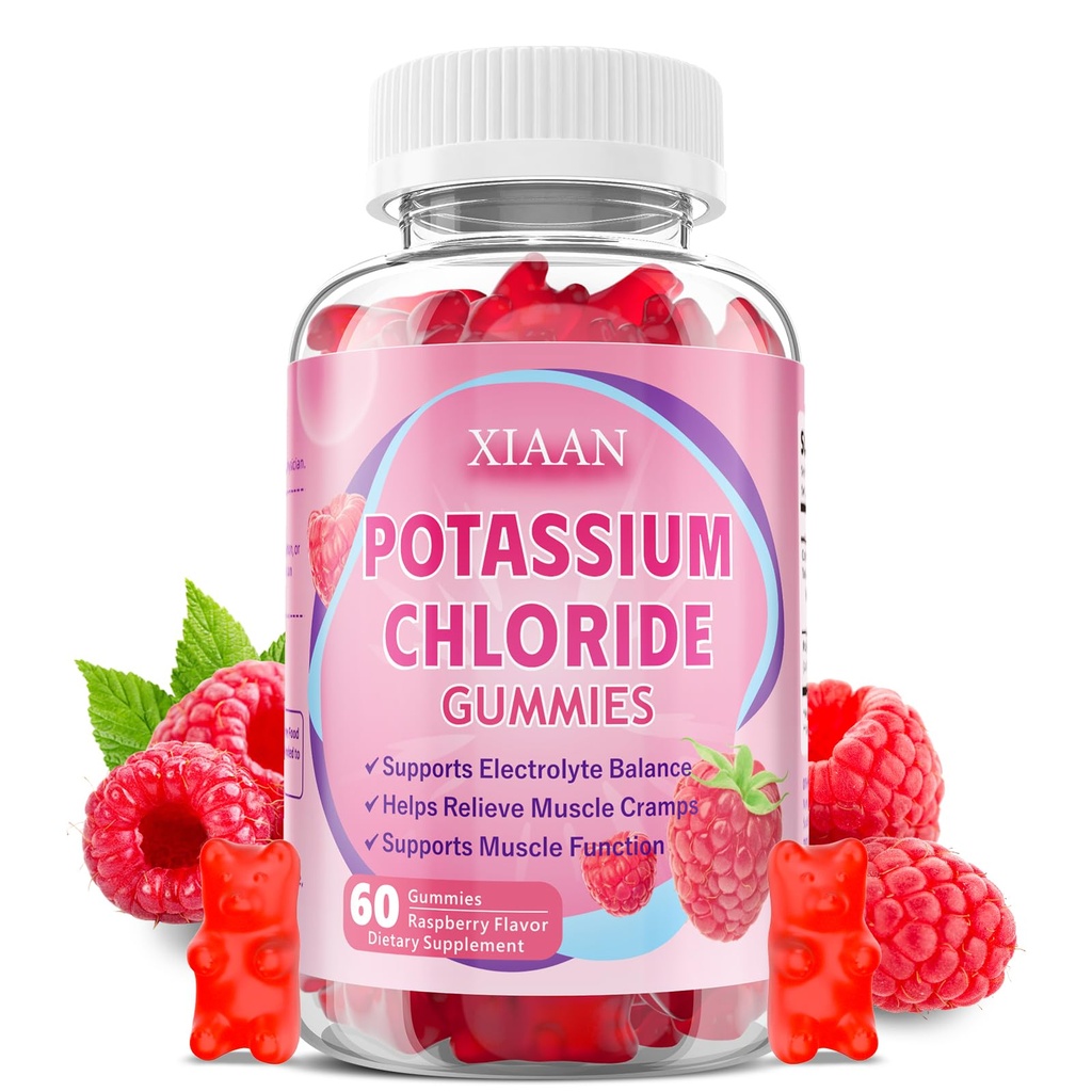Potassium Gummies for Women & Men, High Dose Potassium Chloride Supplement Gummies for Leg Cramps & Electrolyte Balance, Vegan/Sugar-Free/Gluten Free, Raspberry Flavor 60 Count