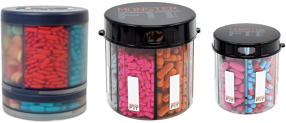 モンスターサプリメントのコンパートメントラベル付き薬用ピルディスペンサー - 余分な大きな丸薬容器ボトルのほぼすべてのサプリメント - 使いやすい(3パック - モンスター、モンスタージュニア&モンスター10)