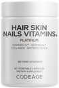 Codeage Hair Skin Nails Vitamins Platinum - KeraGEN-IV Keratin, Dermaval - Hair Fall, Skin Elasticity & Moisture Support - Biotin 5000, Collagen, Vitamin C, Coffeeberry, PABA Supplement - 60 Capsules