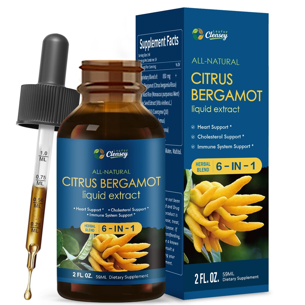 6-in-1 Citrus Bergamot Extract Blend Drops, 100% Natural Herbal Tincture Liquid for Immune System Support with Red Yeast Rice, Grape Seed Extract, Coenzyme Q10, Artichoke, and Echinacea