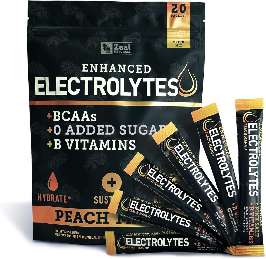高められた電解質の粉(Peach Mango 20pk。) w 0 砂糖 +BCAAs +B-Vitamins の電解物の補足 w カリウム 亜鉛及び水和のためのマグネシウム - Keto の電解物
