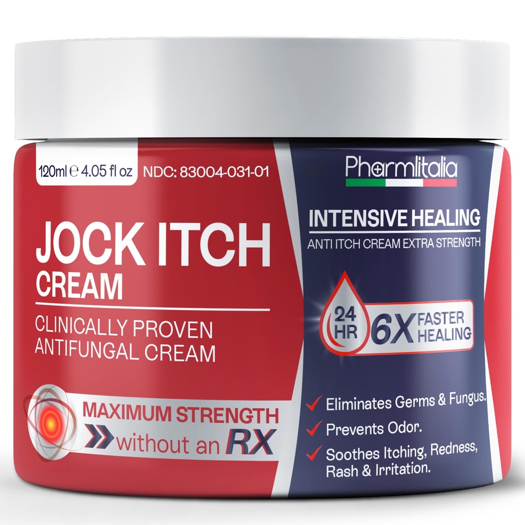 Pharmlitalia Jock Itch Care Cream for Men & Women – Anti Itch Skin Comfort Cream for Groin & Inner Thigh Care – Helps Soothe Redness, Chafing & Irritation – Fast Absorbing Formula (120ml)