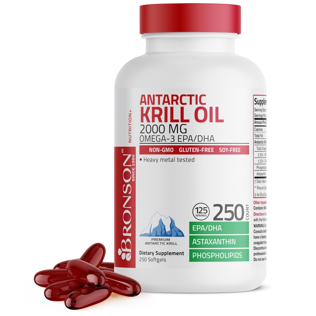 Bronson Antarctic Krill Oil 2000 mg with Omega-3s EPA, DHA, Astaxanthin and Phospholipids, 250 Softgels (125 サービング)