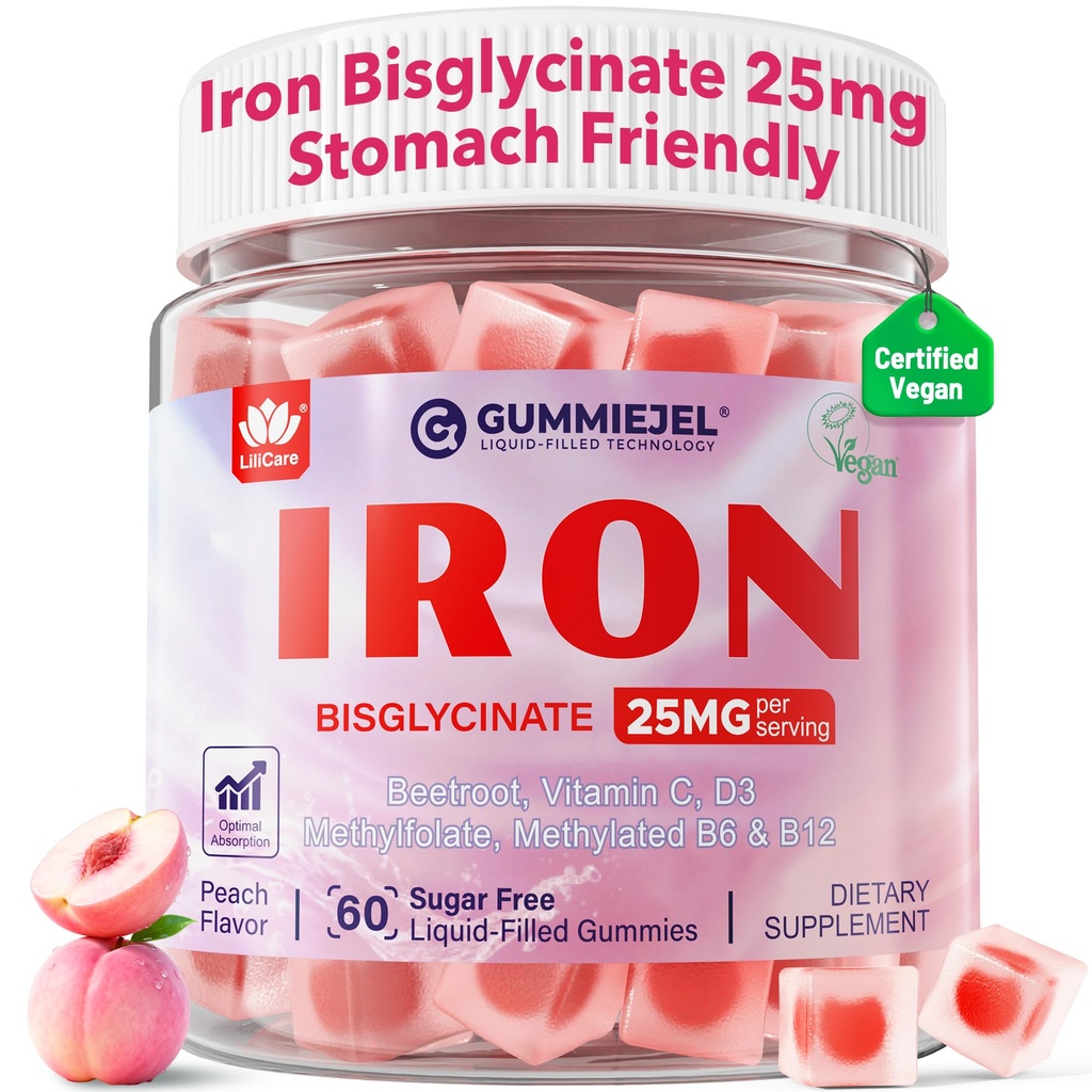 女性のためのビーガン鉄サプリメント25mg、ビタミンC、Methy B12、エネルギーブースト、鉄欠乏、味なし、ピーチ風味 - 60カウント(パック2)