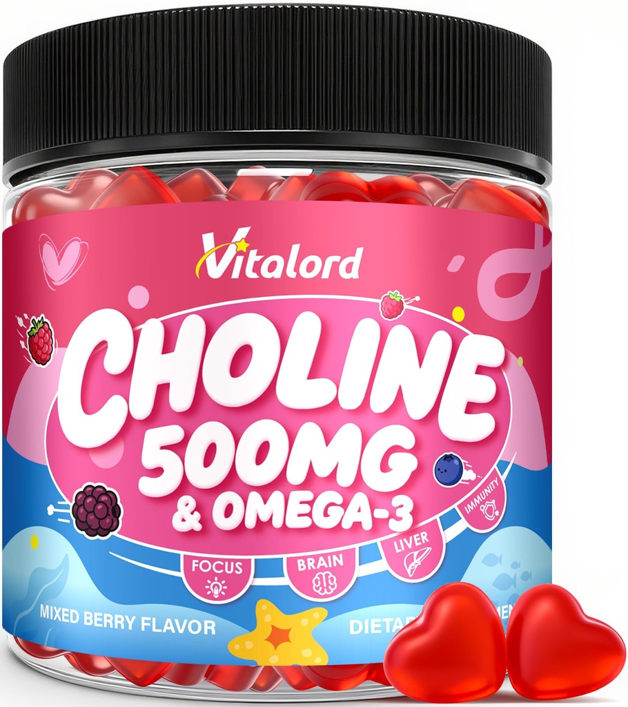 CDP Choline with Omega 3 Gummies 500mg, Chewable Citicoline Supplement with Vitamins, for Kids & Women Prenatal, Brain Health, Liver Support, Focus & Energy, Mixed Berry Flavor, Sugar Free, 60 Count