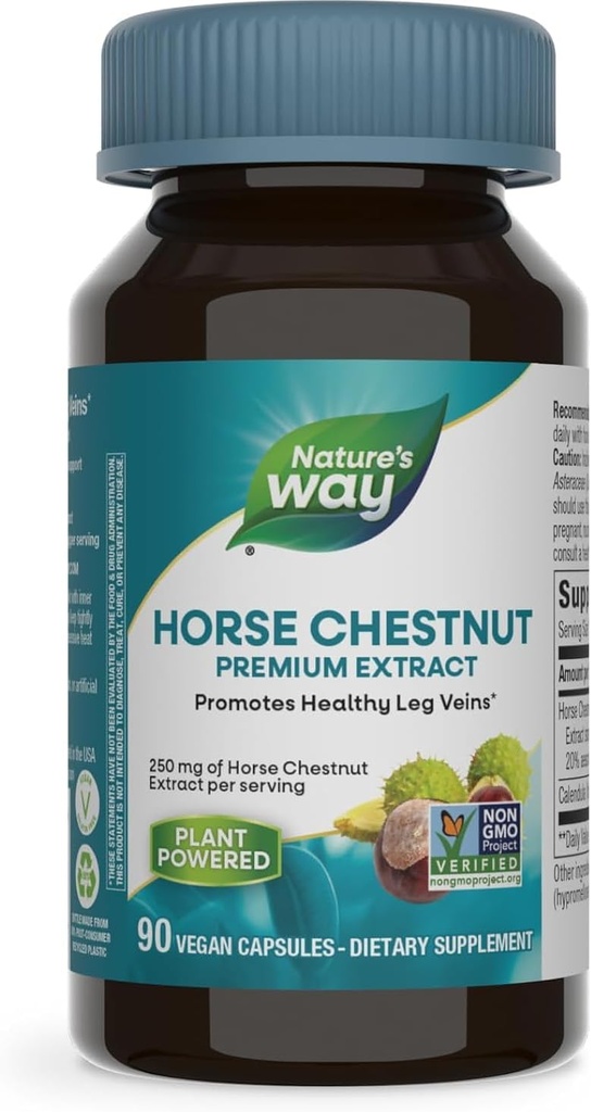 Nature's Way Horse Chestnut Extract, Premium Extract, Promotes Healthy Leg Veins*, 250 mg per Serving, Vegan, 90 Capsules (Packaging May Vary)