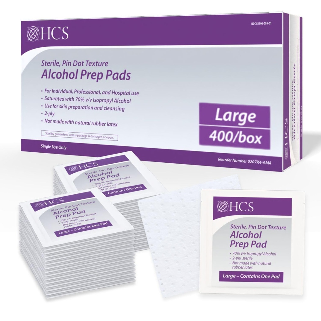 HCS Large Alcohol Prep Pads - 70% Isopropyl Alcohol Wipes, Individually Wrapped - 2 ply, Textured, Sterile Skin Prep Swabs (400/Box)