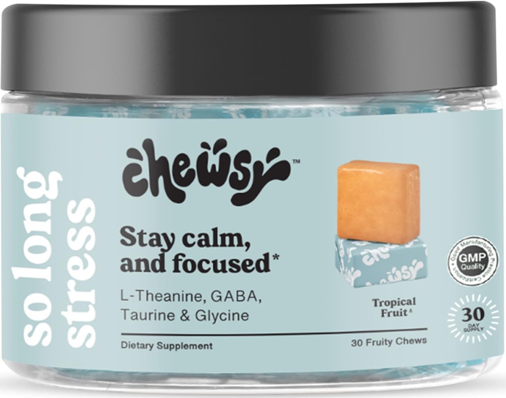 Chewsy そう 長い ストレス, カルム フルーティー 咀嚼, 滞在 カルム & フォーカス. w/L-theanine、アミノ酸、GABA、グリシン、チロシン、タウリン及びマグネシウム。 非GMOおよびグルテンフリー。 トロピカルフルーティーチュー、30日の供給