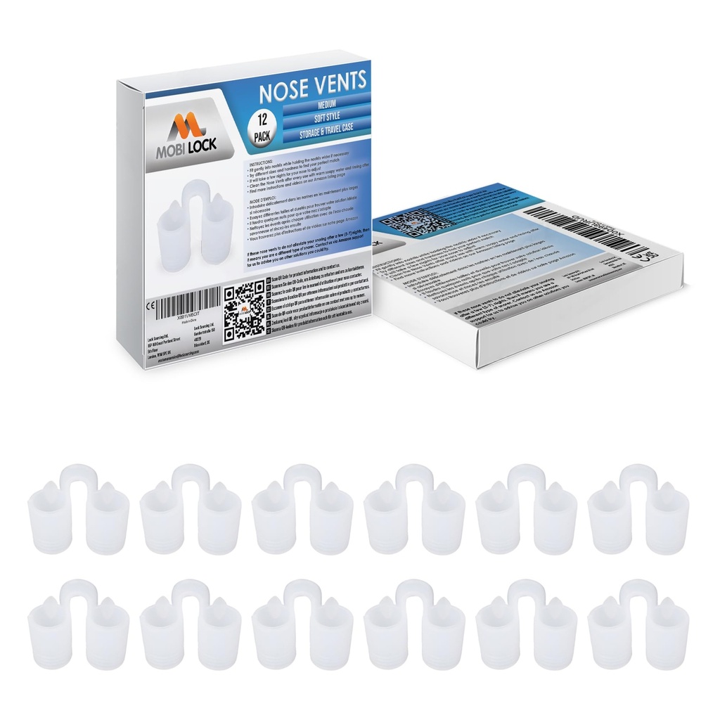 Nose Vent Sinus Relief Dilator (Pack of 12 Medium Size) Soft Vents - A Simple Solution for Nasal Snorers - Reusable Snoring Device to enjoy a peaceful night's sleep - by Mobi Lock