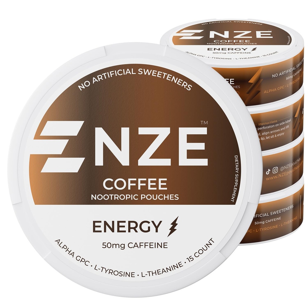 NZE Caffeine Nootropic Pouches (Coffee) - Energy Pouches with 50mg Caffeine, Alpha GPC, L-Tyrosine & L-Theanine - No Sugar or Artificial Sweeteners - 15 Nicotine Free Pouches Per Can - 5 Pack