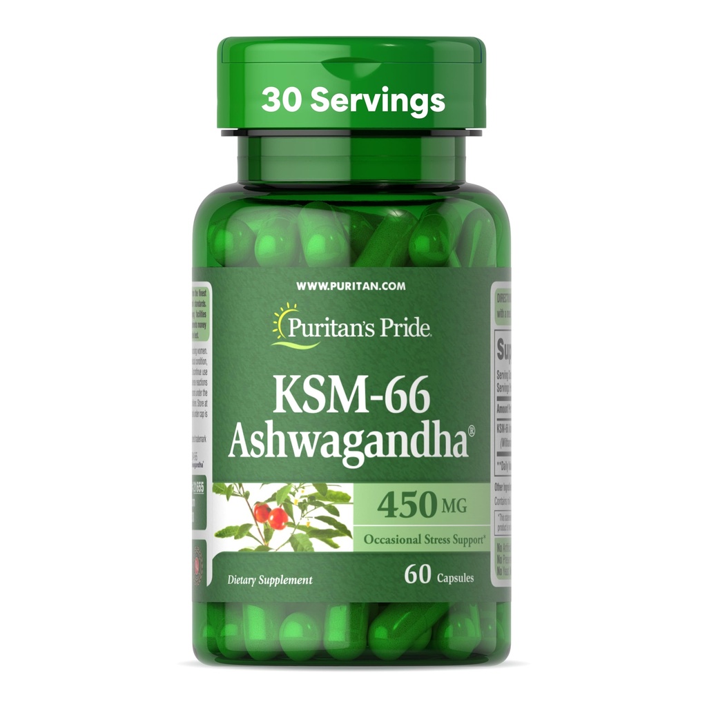 Puritan's Pride KSM-66 Ashwagandha® 450mg、ストレスリリーフ、気分増強、およびメモリサポートのための高度に集中されたサプリメント、1ヶ月の供給、60カプセル