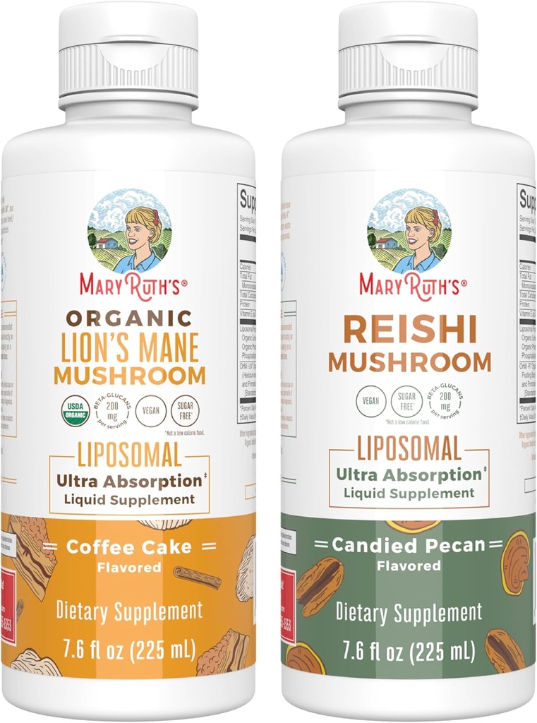 MaryRuth Organics Lion's Mane Liposomal(コーヒーケーキ) & Reishimash(カンディドペカン) | クリーンラベルプロジェクト Verified® | 認知サポート、免疫、健康全般 | 完全菜食主義者、非GMO
