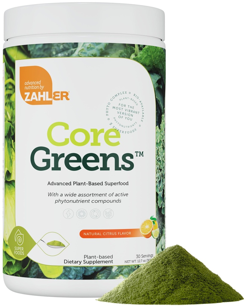 Zahler Core Greens - Organic Superfood - Phytonutrient Rich Super Greens with Spirulina, Chlorella & More - Kosher Non GMO Green Juice/Green Smoothie Citrus Flavor
