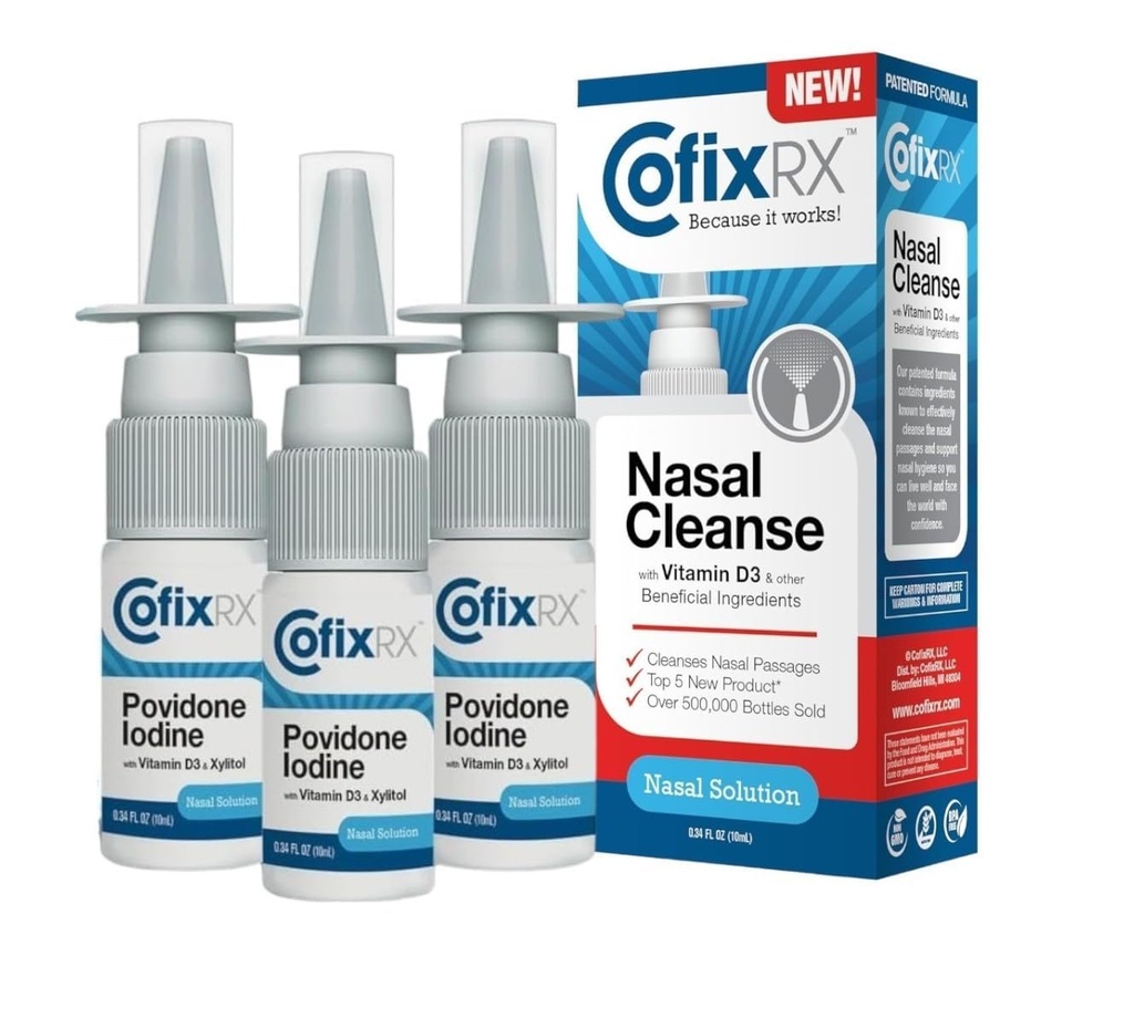 CofixRx Nasal Cleanse Solution Spray, Povidone Iodine with Vitamin D3 & Xylitol, Cleans Nasopharynx, For Cold Allergy Sinus Relief, Laboratory Tested Patented Formula, Fast Acting & Long Lasting, 3 pk