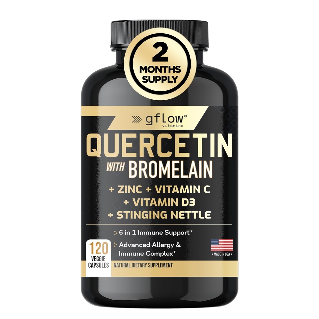 gflow vitamins Quercetin with Bromelain, Stinging Nettle Supplement, Zinc Vitamin C Vitamin D | Non-GMO, Gluten-Free | Made in USA | 2 Months Supply