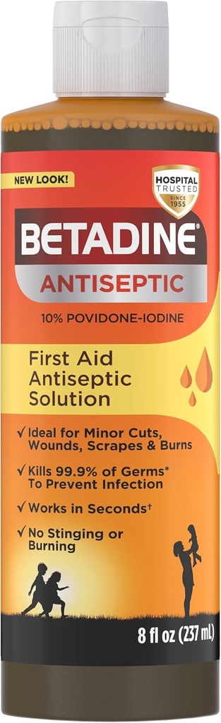 Betadine の防腐剤のファースト・エイドの解決、Povidone ヨウ素 10% の感染の保護、マイナーのキルズの Germs はスクレープを切ないし、燃え上がり、約束、アルコール無しまたは水素の過酸化物、8 FL OZ を打ちません