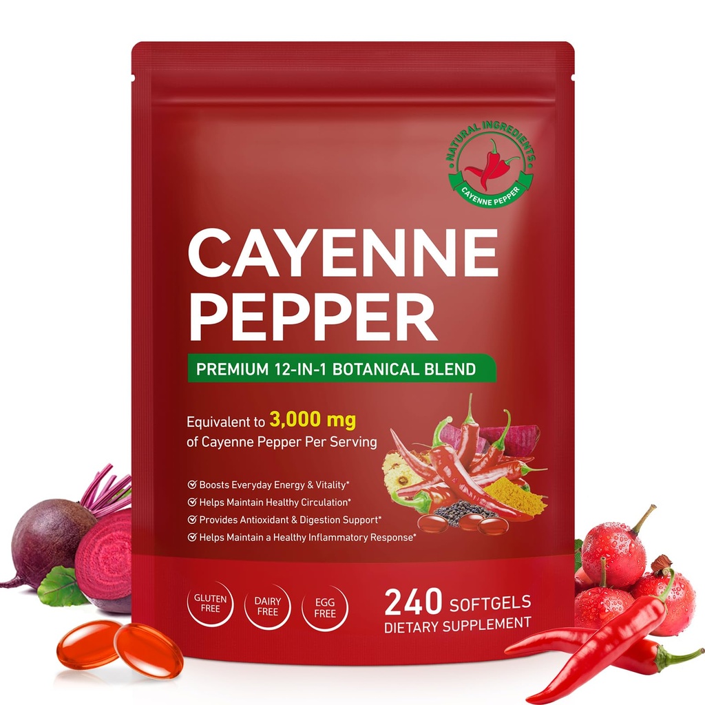 Cayenne Pepper Capsules 240 Softgels - 12-in-1 Capsaicin Supplements with Vitamin D3, K2 & E, Turmeric, Beet Root, Black Pepper Extrac - Supports Blood Circulation, Digestive Health, Daily Energy