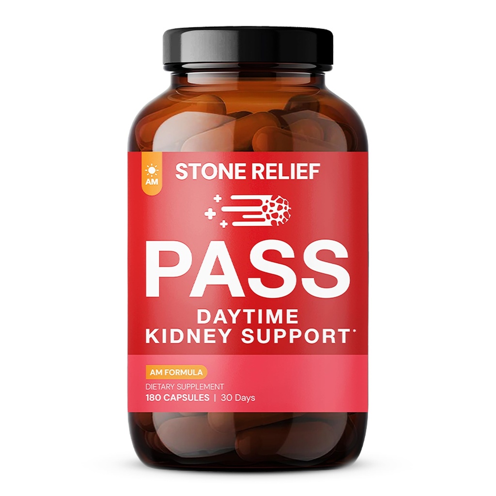 STONE RELIEF Pass AM - 安心、快適性、および増加したフロー(180カプセル+ストーンキャッチャー+プリントガイドブック)のためのデイタイムハーブ腎臓サポート