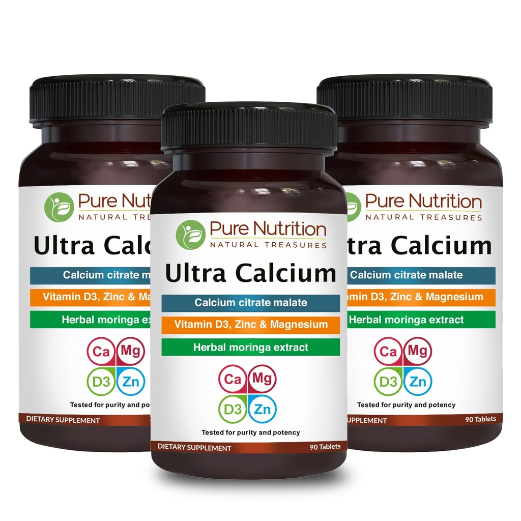 VIT D3 + K2の純粋な栄養の超カルシウム1000mg   270タブ(90のXのパック3)の カルシウム クエン酸塩のマレート、VIT D3、K2、Moringa Oleifera、マグネシウムおよび亜鉛の高吸収性のカルシウム補足。