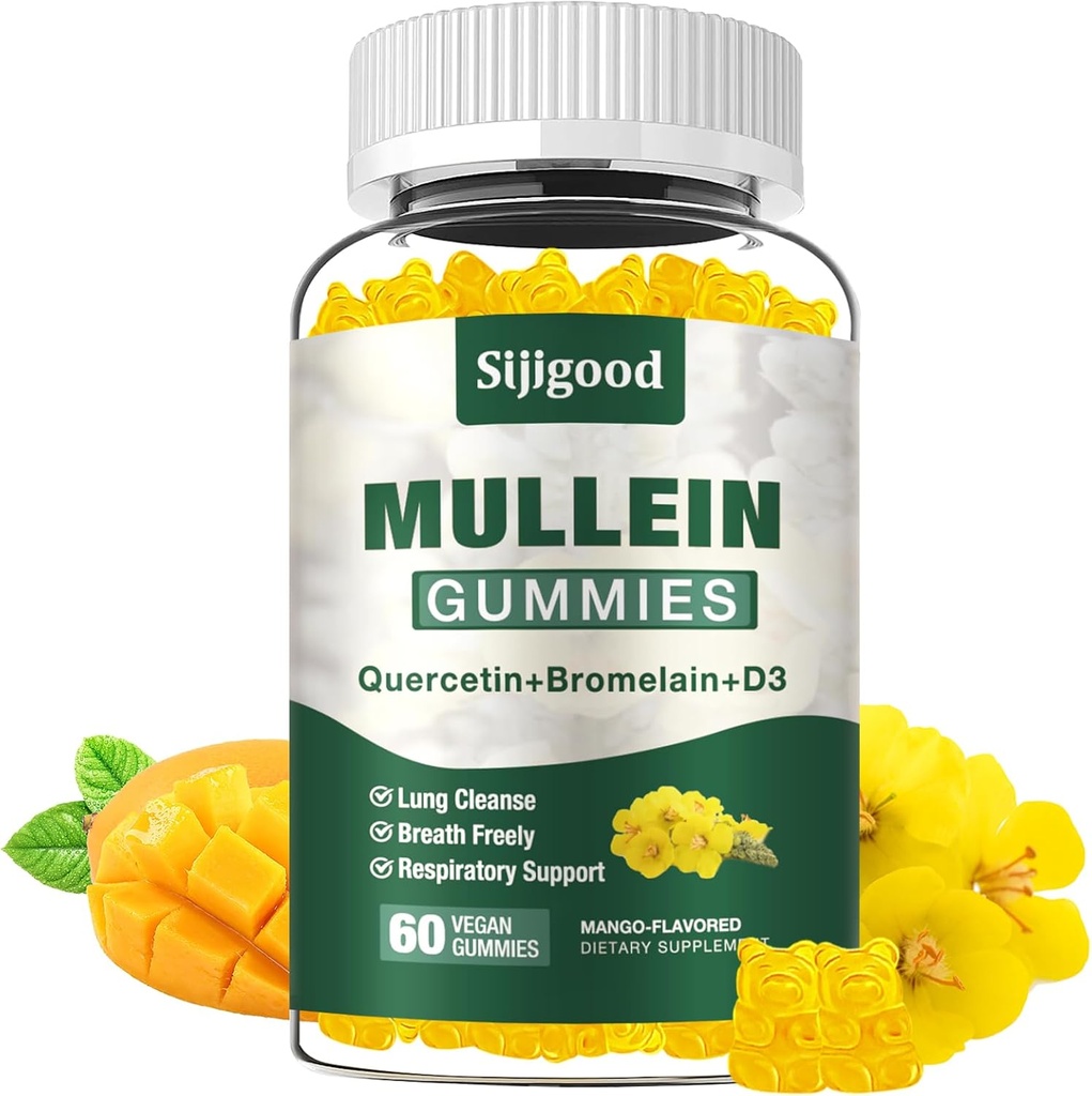 Lungs、Mulleinの葉のエキスのためのMulleinのグミiesはBromelain、Quercetin、マンゴの味、60の計算とDigestive及び呼吸器及び免疫サポートのための補足します