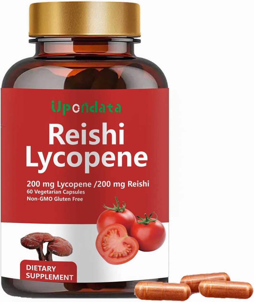 Lycopene Capsules, Natural Lycopene 200mg with Organic Reishi Mushroom 200mg Supplement for Prostate Health and Immune Support - Gluten-Free, Non-GMO, 60 Capsules (1 Pack)