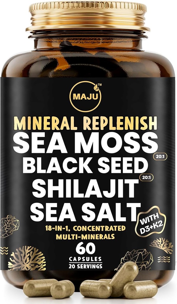 Maju Superfoods 18-in-1 Sea Moss, Black Seed, Shilajit, Sea Salt + D3 & K2, Concentrated Extracts, Trace Multi Mineral Capsules, for Men & Women Mineral Electrolytes Supplements