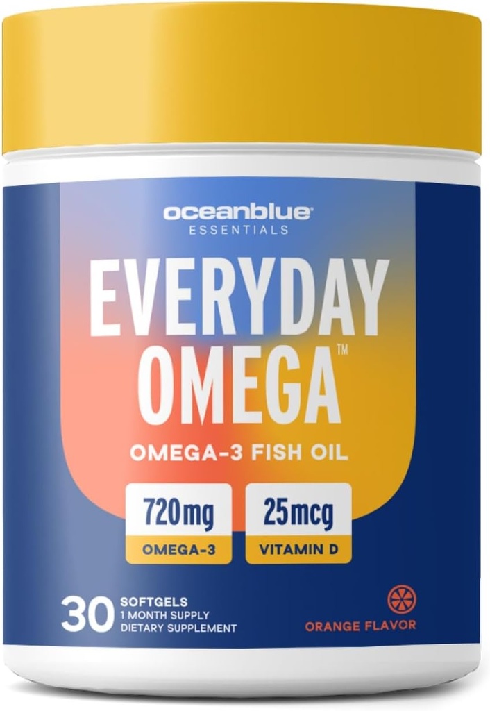 Oceanblue Omega 3 女性用サプリメント | ビタミンD3による無燃魚油720mg | 心臓免疫サポート、分子的に蒸留されたオレンジ色の味(30カウント1日オメガ)