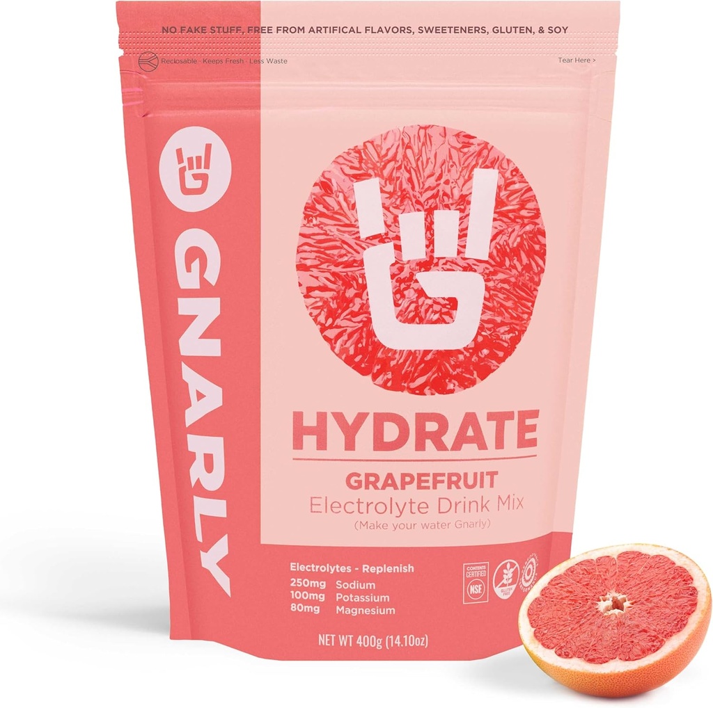 Gnarly Nutrition Hydrate Electrolyte Powder - ルビーレッドグレープフルーツエクササイズ水和ドリンクミックス - NSFコンテンツ認定 - 電解液ソリューション、パフォーマンス&回復 - ルビーレッドグレープフルーツ、14.10オンス